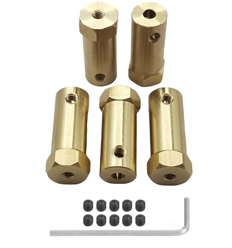 5Pcs 4mm Bore Brass Couplers, Hexagon Motor Shaft Coupling Flexible Connector with Screws and Wrench for Robotics and R/C Car Wheels Tires Shaft Motor - size: 4mm