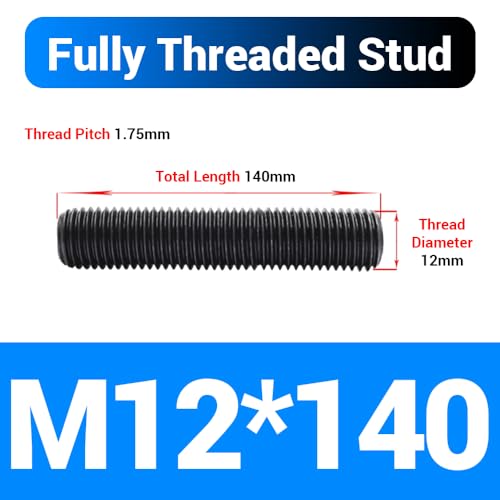5pcs M12*140mm Fully Threaded Stud, Grade 10.9 Carbon Steel Black Oxide Finish Long Threaded Rod Bar for Furniture Industrial Maintenance Connection Fasteners - size: M12*140-5PCS