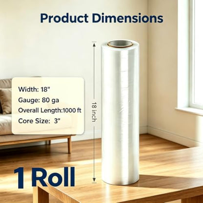 Honzon Clear Stretch Wrap Roll, 18 Inch x 1000 Feet 80 Gauge, Heavy Duty Industrial Pallet Wrapping Stretch Film, Self Adhesive Stretch Wrap for Moving, Shipping, Warehouse Storage Packaging Supplies - size: 18 in × 1000 ft
