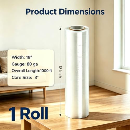 Honzon Clear Stretch Wrap Roll, 18 Inch x 1000 Feet 80 Gauge, Heavy Duty Industrial Pallet Wrapping Stretch Film, Self Adhesive Stretch Wrap for Moving, Shipping, Warehouse Storage Packaging Supplies - size: 18 in × 1000 ft