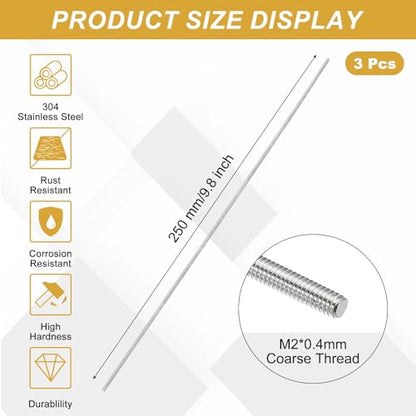 uxcell 3Pcs Fully Threaded Rod M2 x 0.4mm Pitch 250mm/10 Inch Threaded - size: M2x0.4mmx250mm
