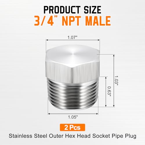 2 Pack SUS304 3/4" NPT Male Outer Threaded Pipe End Cap - size: 3/4" NPT Male