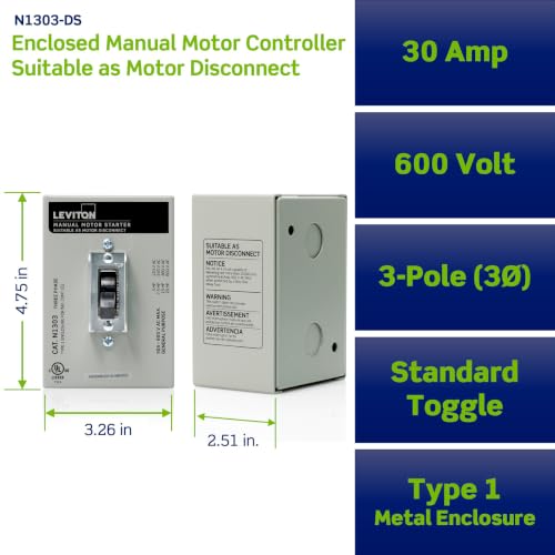 Leviton 30 Amp, 600 Volt, Toggle Three-Pole AC Motor Starter, Suitable as Motor Disconnect, In Type 1 Metal Enclosure, Industrial Grade, Grounded, N1303-DS, Gray - color: Gray
