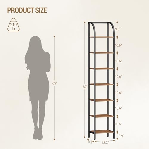 Hzuaneri Bookshelf Narrow Bookcase, Tall Storage Rack with Steel Frame - color: Rustic Brown, size: 11.8 × 11.8 × 82 inch