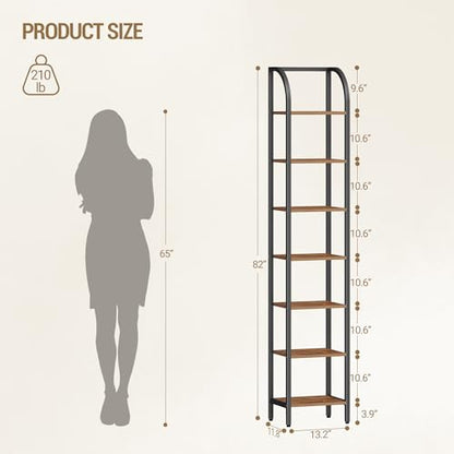 Hzuaneri Bookshelf Narrow Bookcase, Tall Storage Rack with Steel Frame - color: Rustic Brown, size: 11.8 × 11.8 × 82 inch