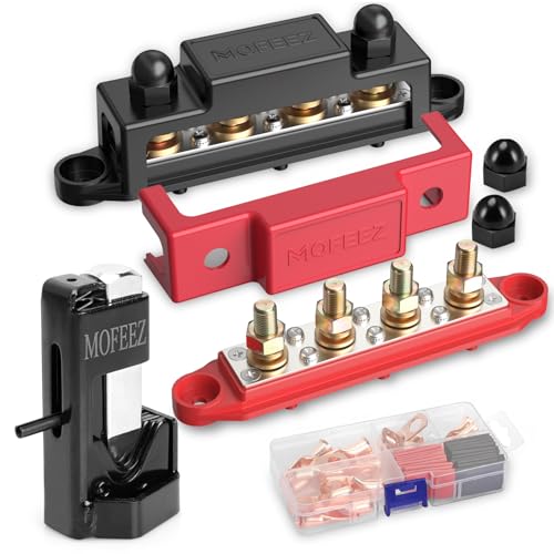 MOFEEZ Power Distribution Block Bus Bar 4 × 3/8" Posts 6 × #8 Screws with Hammer Lug Crimping Tool, Marine Bus Bar 48V 250A for Automotive, Car, Boat, Solar Wiring - size: 4 x 3/8" sets