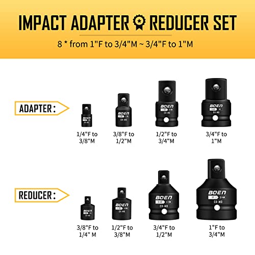 BOEN 8 Piece Impact Socket Adapter and Reducer Set, 1/4" 3/8" 1/2" 3/4" Drive Socket Adapter Set with Durable Case for Impact Driver Conversions (Upgraded) - size: 8 Piece