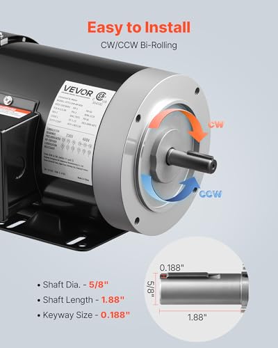 VEVOR 1 HP Electric Motor, 1725RPM Air Compressor Motor, CW/CCW Rotation, 5/8 inch Shaft Diameter, 1.88inch Shaft Length, 4.1N.m Torque, Three-Phase, TEFC Cooling, 230V/460V, 56C Frame - size: 1 HP Three Phase-1.88 in Shaft Length