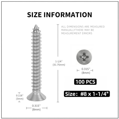 #8 x 1-1/4 [100 Pack] Flat Head Phillips Drive Self Tapping Screws, Sheet Metal Screws, 304 Stainless Steel (18-8), Corrosion Resistant Screws for Wood, Sheet Metal and More - size: #8 x 1-1/4