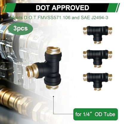 1/4" DOT Air Brake Line Tee Fittings 3PCS, Quick Push To Connect - color: 1/4" * 1/4" * 1/4" 3PCS