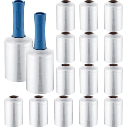 Jutom 16 Pcs Mini Stretch Film Industrial Shrink Wrap Roll Plastic Film for Moving 2 Handles 5" x 1000 ft Pallet Wrap Packaging Self Adhering Shipping for Moving Furniture Packing (Clear,Blue) - color: Clear