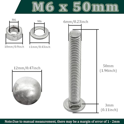 M6 x 50mm Carriage Bolts Kit,304 Stainless Steel Round Head Square Neck Carriage Bolts with Hex Nuts and Flat Washers,Full Thread,Silver(10Sets) - size: M6 x 50mm