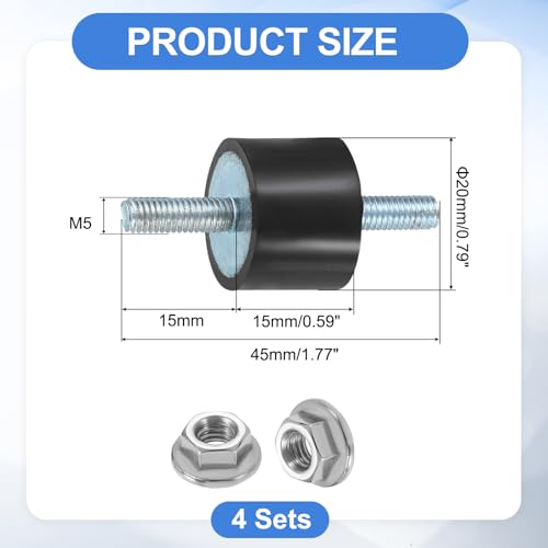 uxcell 4Pcs M5 x 15mm Rubber Mounts, 15 x 20mm Cylindrical Anti Vibration Isolator Studs Shock Absorber Double Studs with Nuts for Car Bobbin Generator Air Compressors - size: M5 x 15mm, 15 x 20mm