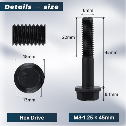 10-Sets M8-1.25 x 45mm Flange Hex Bolt with Flange Nuts and Flat & Lock Washers Assortment Set, 10.9 Grade Alloy Steel, Serrated, for Automotive Repair & Machinery Projects, Glvaner - size: M8-1.25 x 45mm