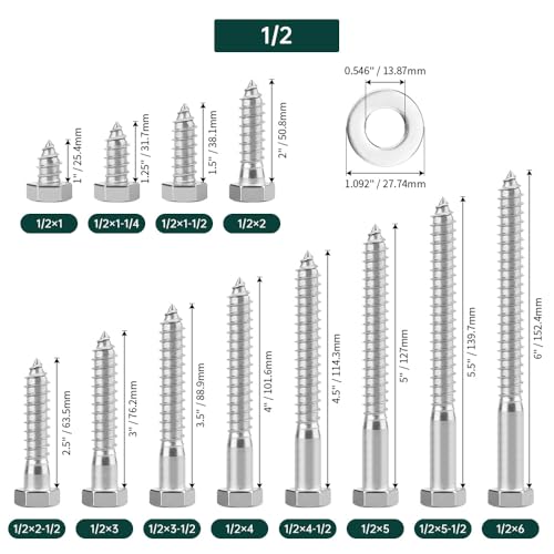 1/2 x 6 Hex Head Lag Screws Bolts with Flat Washers (6 Sets), 304 Stainless Steel 18/8, Partial Thread, Deck Screws, Heavy Duty Hex Head Wood Lag Screws, Fayeploo - size: 1/2 x 6"