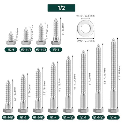 1/2 x 6 Hex Head Lag Screws Bolts with Flat Washers (6 Sets), 304 Stainless Steel 18/8, Partial Thread, Deck Screws, Heavy Duty Hex Head Wood Lag Screws, Fayeploo - size: 1/2 x 6"