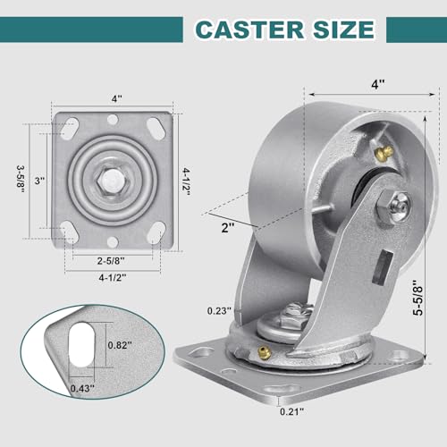 4" X 2" Caster Wheels, Heavy Duty Industrial Casters, Steel Casters 800 LBS Capacity with Roller Bearing, Cast Iron Wheels, Metal Casters(1 Swivel) - style: 4"X 2"Wheel