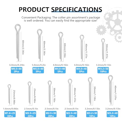11 Values Cotter Pin Kit 304 Stainless Steel Small Cotter Pins Large Split Pins Hardware Pins Set for Automotive Machinery Repairs DIY Crafts (Pack of 135Pcs) - size: Straight Cotter Pin