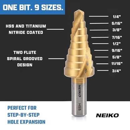 NEIKO 10606A Step Drill Bit, 9 Steps 1/4" to 3/4" Spiral High Speed Steel, Titanium Nitride Coated, 3/8" Tri Flat Step Bits for Steel, Metal, Wood, Plastic, Unibit Cone Drill Bits, Two Flute - size: #3 (1/4 - 3/4", 9S), style: Spiral