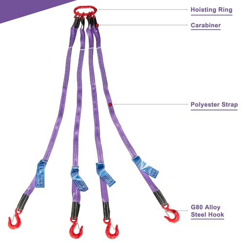 Pindex 5ft 3t Chain Sling for Lifting, 6610lbs Polyester Strap Lifting Sling Chain Hoist with G80 Alloy Steel 4 Legs Grab Hook and Adjuster, Adjustable Length and Angle for Safe Towing - size: 5Ft 3T Polyester