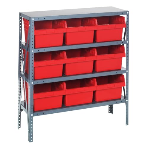 Quantum Storage 1239-SB809 Store-Max Steel Shelf Bin Organizer System, 9 8"H Hopper-Front Bins, 4-Shelf Unit, 400 lb Per Shelf, for Warehouse, Shop, Garage & Stockroom, 12"D x 36"W x 39"H, Red - size: 39" H x 36" W x 12" D, style: 12" L x 12" W x 8" H 9 S