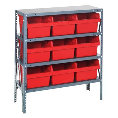 Quantum Storage 1239-SB809 Store-Max Steel Shelf Bin Organizer System, 9 8"H Hopper-Front Bins, 4-Shelf Unit, 400 lb Per Shelf, for Warehouse, Shop, Garage & Stockroom, 12"D x 36"W x 39"H, Red - size: 39" H x 36" W x 12" D, style: 12" L x 12" W x 8" H 9 S