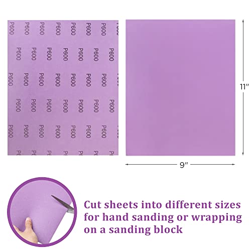 LotFancy 600 Grit Sandpaper, 30PCS 9 x 11” White Fused Alumina Wet Dry Sanding Sheets, for Automotive Metal Sanding Polishing, Wood Finishing, Purple - size: 600 Grit