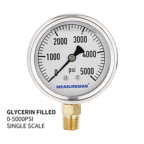 MEASUREMAN 2-1/2inch Dial Size, Glycerin Filled Plumbing Pressure Gauge, 0-5000psi, Stainless Steel Case, 1/4inchNPT Lower Mount - size: 0-5000 psi, style: Lower Mount