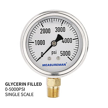 MEASUREMAN 2-1/2inch Dial Size, Glycerin Filled Plumbing Pressure Gauge, 0-5000psi, Stainless Steel Case, 1/4inchNPT Lower Mount - size: 0-5000 psi, style: Lower Mount