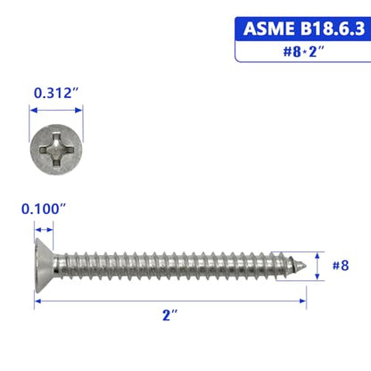 #8 x 2 Flat Head Sheet Metal Screws Phillips Drive Wood Screws, 304 Stainless Steel 18-8, Pack of 50 - color: Silver, size: #8 x 2"