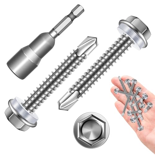 Self Tapping Screws for Metal 50Pcs #12 x 1-1/2" Sheet Metal Screws, 410 Stainless Steel Hex Head Self Drilling Screws for Metal Plastic Wood, High-Strength Quick Self-Tapping Screws by Marysino - color: Silver (#12), size: 1-1/2"