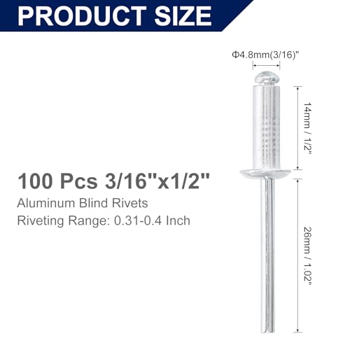 uxcell 100Pcs 3/16" x1/2" Aluminum Blind Rivets, Aluminum Grip and Steel Mandrel, Dome Head Long Split Rivets for Metal, Furniture, Automotive, Silver - size: 3/16"x1/2"