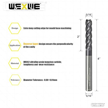Tools Extra Long Carbide Square End Mill for Cutting Alloy Steels, Cast Iron, Hardened Steel - 4 Flute Milling Cutter 5/16 Shank (5/16-4" 2PCS) - size: EXL 5/16-4" 2PCS