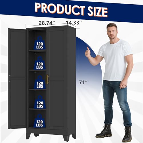 erosoei 71" H Metal Garage Storage Cabinet, Black Metal Pantry Cabinet with 2 Doors, Locker Steel Cabinet with 4 Adjustable Shelves, Freestanding Cupboard for Garage,Office,Home,Gym,School - color: Black, size: 71"-NCasNLck