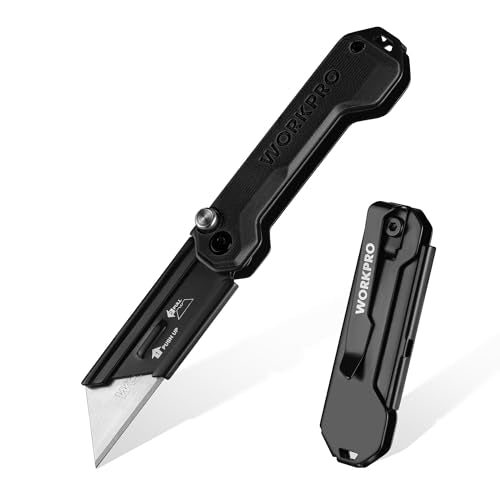 WORKPRO EDC Folding Utility Knife, Mini Box Cutter with Quick Open Axis Lock, Quick Change Blade Razor Knife, Foldable Small Pocket Knife with Belt Clip - color: Black-g10