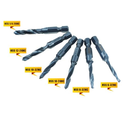 6 Pack Drill Tap Bit Set Black Nitride Coated SAE 6-32 to 1/4-20 NC Combo