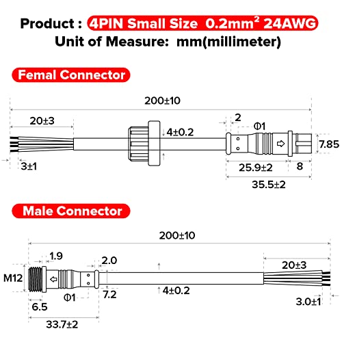 BTF-LIGHTING 4 Pin Electrical Connector 24AWG IP65 Male Female Connector 7.87in/20cm Extension Cable for Car,Truck,Boat,Indoor/Outdoor LED Strip Lights/String 15mm Nut Small Size 5 Pairs - size: 4 PIN Small Size