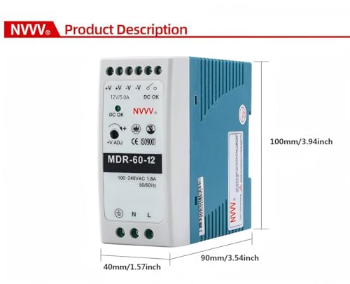MDR-60-12 AC to DC DIN-Rail Power Supply 12V 5 Amp 60W, Blue+White (Pack of 2) - size: 12V 5 Amp 60W (Pack of 2)