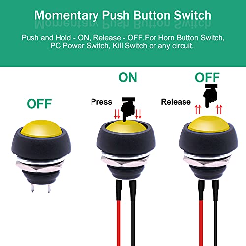 Twidec/6Pcs 12mm Momentary Push Button Switch 1/2" Mounting Hole On Off Mini Round Waterproof Yellow with Pre-soldered Wires PBS-33B-Y-X - color: Yellow-12mm, size: Momentary