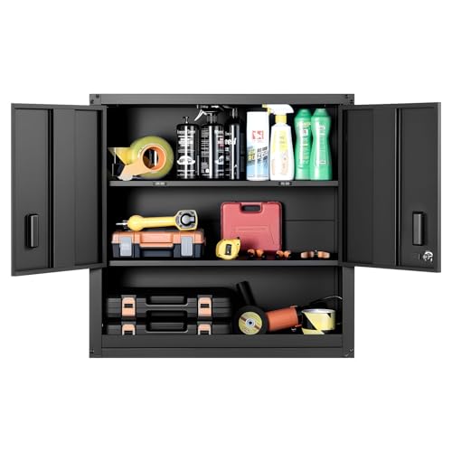 VEVOR Metal Wall Cabinet, 30W x 12.01D x 30H Inch, Steel Floating Hanging Storage Cabinet with Locking Doors and Adjustable Shelf for Garage, Basement, Kitchen, Warehouse Assembly Required, Black - size: Foldable 30" Open Grid