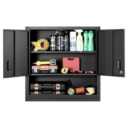 VEVOR Metal Wall Cabinet, 30W x 12.01D x 30H Inch, Steel Floating Hanging Storage Cabinet with Locking Doors and Adjustable Shelf for Garage, Basement, Kitchen, Warehouse Assembly Required, Black - size: Foldable 30" Open Grid