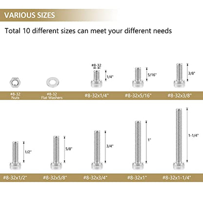 202 Pieces #8-32 x 1/4", 5/16", 3/8", 1/2", 5/8", 3/4", 1", 1-1/4", Hex Socket Head Cap Screws Nuts Washers Assortment Kit, 304 Stainless Steel, Fully Machine Thread - size: #8-32, style: Socket Head