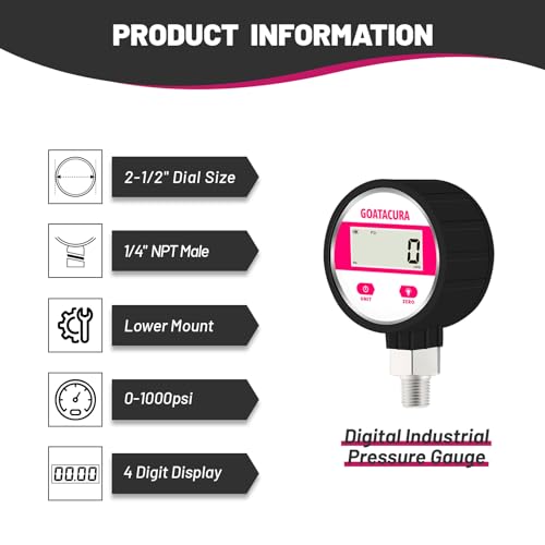 0-1000psi Digital Industrial Pressure Gauge, 2-1/2" Dial Size, 1/4" NPT Lower Mount, 304 Stainless Steel Case and Connection, 1% High Accuracy, with Protective Sleeve - size: 0-1000psi