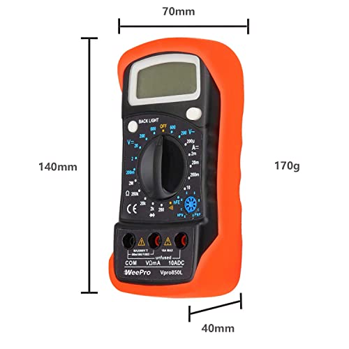 Vpro850L Digital Multimeter DC AC Voltmeter, Ohm Volt Amp Test Meter, Electric Tester Ohmmeter with Diode and Continuity Detector, Backlit Display and Insulated Rubber Case Kickstand