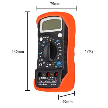 Vpro850L Digital Multimeter DC AC Voltmeter, Ohm Volt Amp Test Meter, Electric Tester Ohmmeter with Diode and Continuity Detector, Backlit Display and Insulated Rubber Case Kickstand