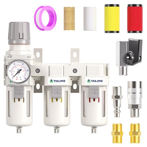 TAILONZ PNEUMATIC 0-150PSI 1/2 Inch NPT Grade 3 Stage Air Drying System, Particulate Filter, Air Filter Pressure Regulator Combo Piggyback, Air Tool Compressor Filter with Gauge (Semi-Auto Drainage） - size: 1/2 Inch NPT