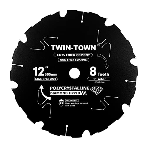 TWIN-TOWN 12 Inch 8 Tooth Polycrystalline Diamond Tipped (PCD) Hardie Fiber Cement Saw Blade with 1 Inch Arbor - size: PCD 12" 8T