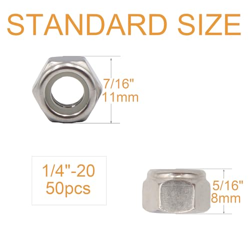 50pcs 1/4-20 Inch Nylon Inserted Self Locking Nuts - 304 Stainless Steel, 1/4" Nylock Nuts for Furniture, Tools, Handle - size: 1/4-20 50pcs