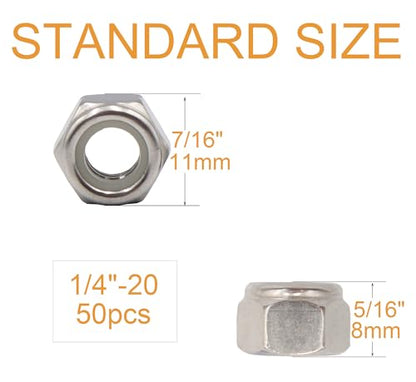 50pcs 1/4-20 Inch Nylon Inserted Self Locking Nuts - 304 Stainless Steel, 1/4" Nylock Nuts for Furniture, Tools, Handle - size: 1/4-20 50pcs