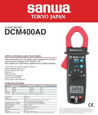 Japan Sanwa DCM400AD Suitable for Automotive Maintenance & DMM Functions AC/DC 400A Clamp Meters(DCM400AD)